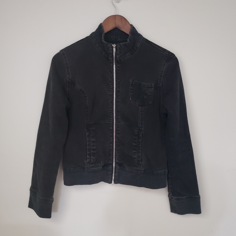 Black Cropped Denim Jacket Banded Distressed Size Medium